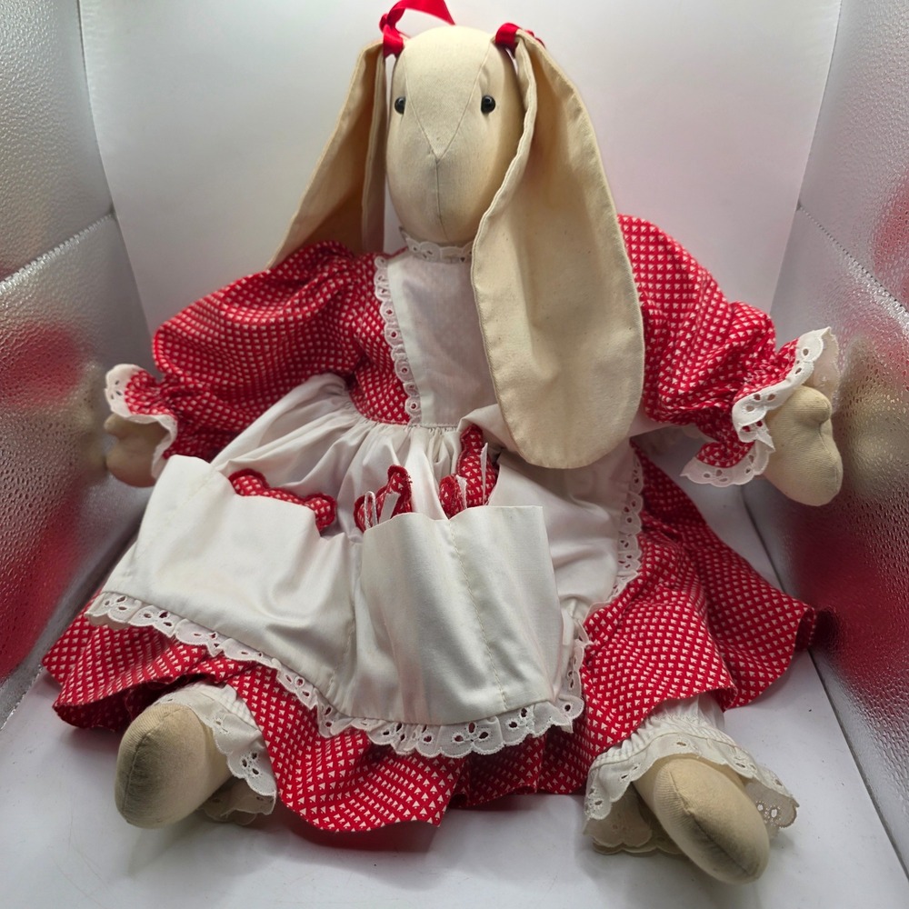 Vintage Large Cloth Bunny Rabbit Doll Red Dress Apron Primitive Country Folk Art